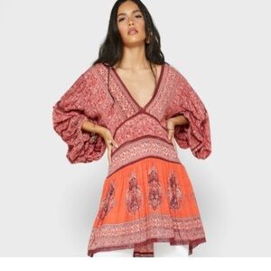 Free People Luna Scarf Print Tunic Dress Size Medium - Red Combo NWT